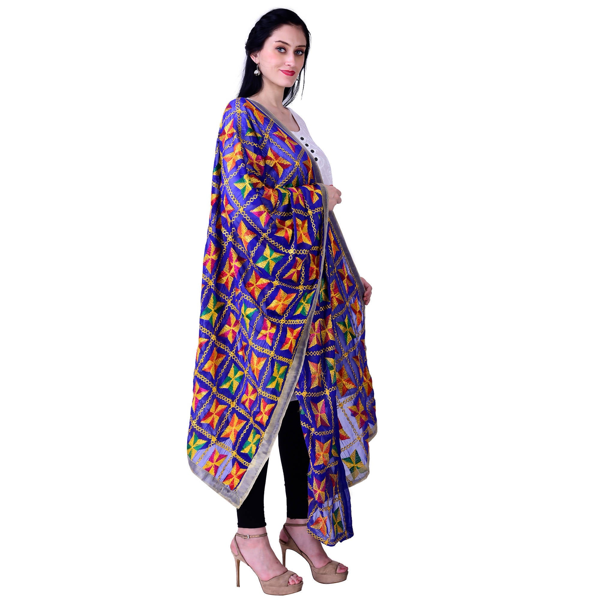 SWI Stylish Women's Embroidered Phulkari Chiffon Royal Blue Dupatta | Grocsy