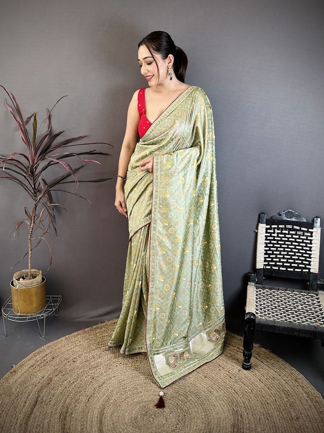 Elora Sage Green Vichitra Silk Animal Motifs Foil Print Sequence Embroidery Work Bandhani Saree | Grocsy