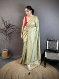 Elora Sage Green Vichitra Silk Animal Motifs Foil Print Sequence Embroidery Work Bandhani Saree | Grocsy