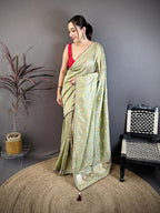 Elora Sage Green Vichitra Silk Animal Motifs Foil Print Sequence Embroidery Work Bandhani Saree | Grocsy