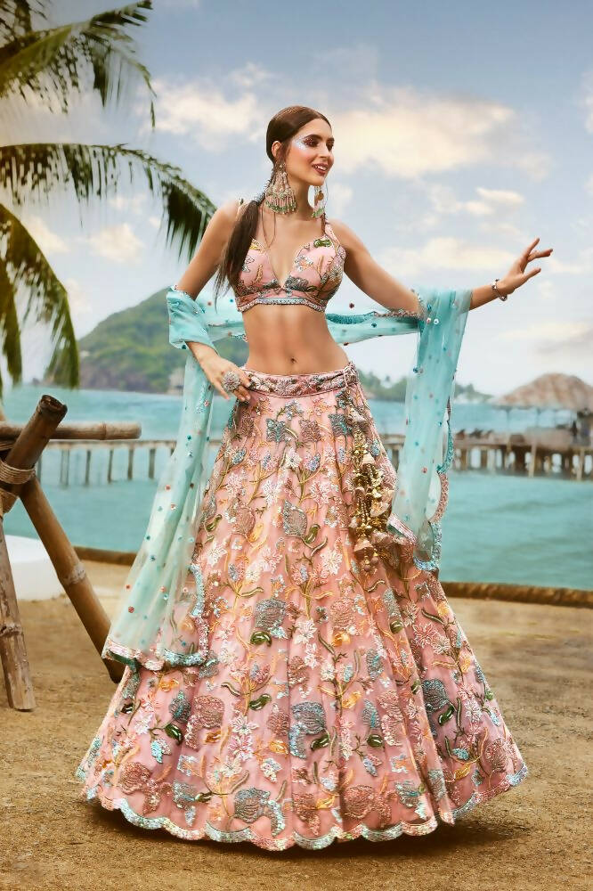 House of Panchhi Pink Net Sequins And Zarkan Embroidery Lehenga Choli & Dupatta | Grocsy