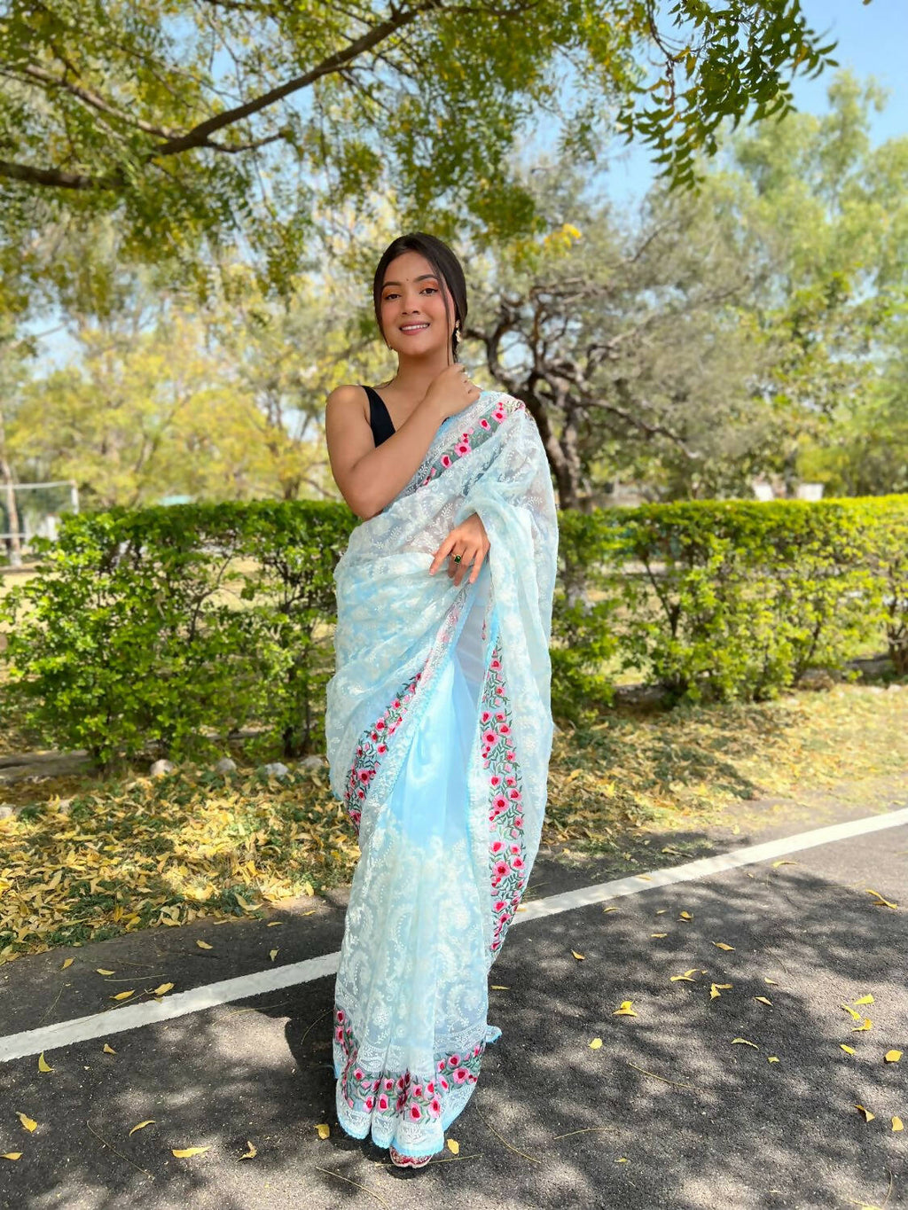 Vamsee Sky Blue Organza Saree | Grocsy