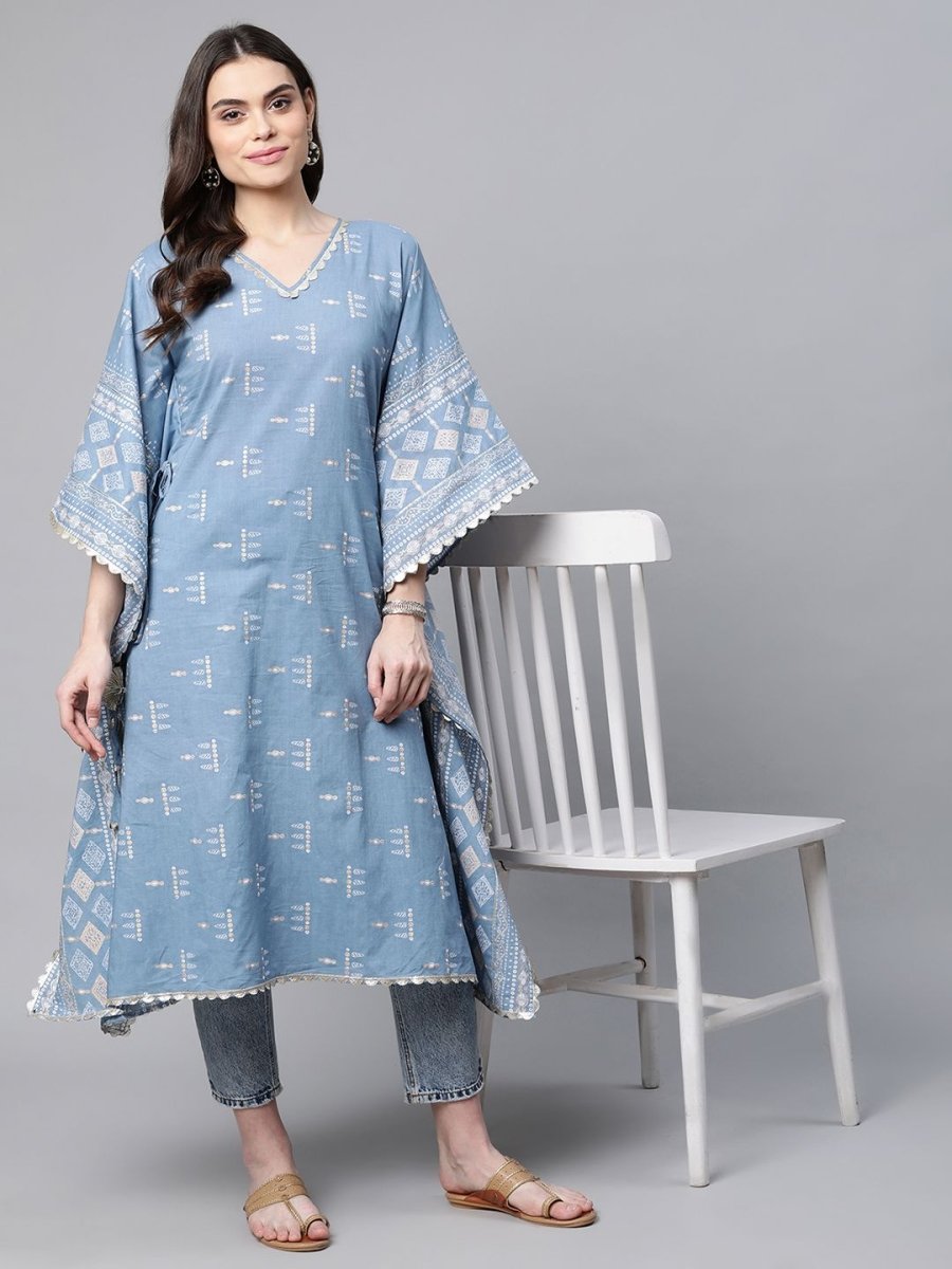 Ahalyaa Beige Pure Cotton Floral Printed Kaftan Kurta | Grocsy