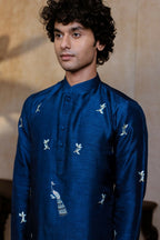 Falling Raw Silk Navy Blue Neel Mayura Kurta Set By Hilo Design | Grocsy