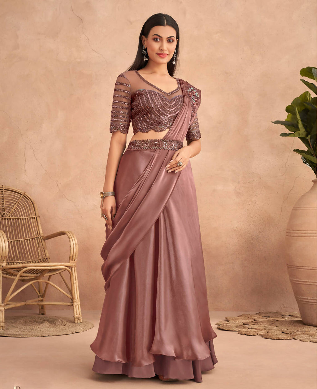 Dark Mauve Satin Embroidered Ready To Wear Saree With Unstitched Blouse Piece - Nandika | Grocsy