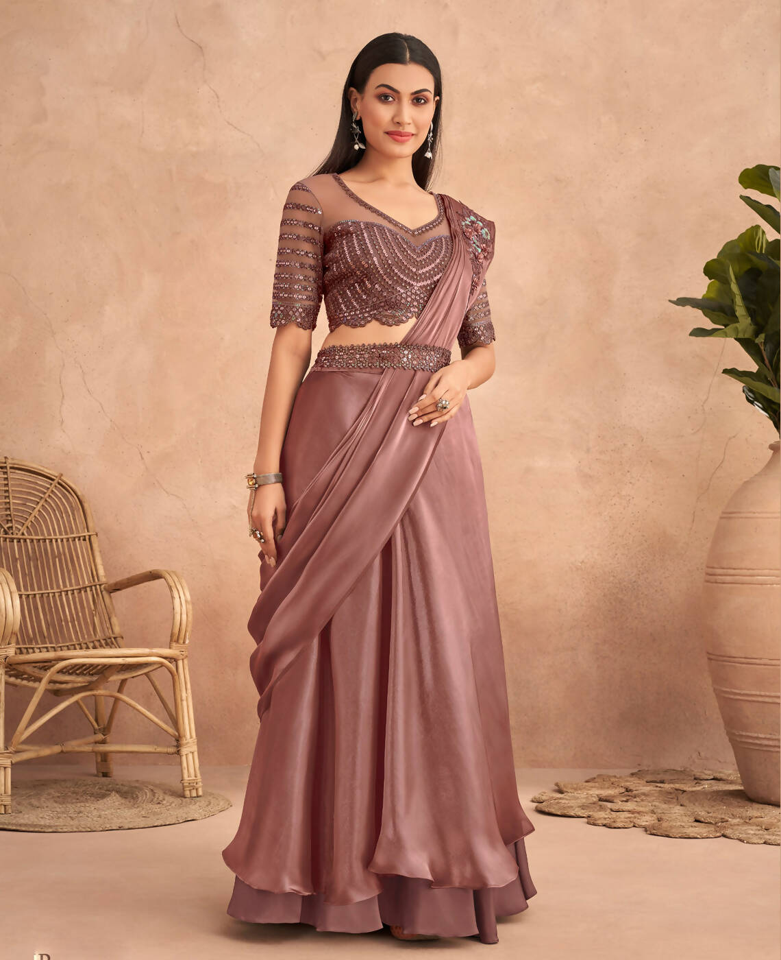 Dark Mauve Satin Embroidered Ready To Wear Saree With Unstitched Blouse Piece - Nandika | Grocsy