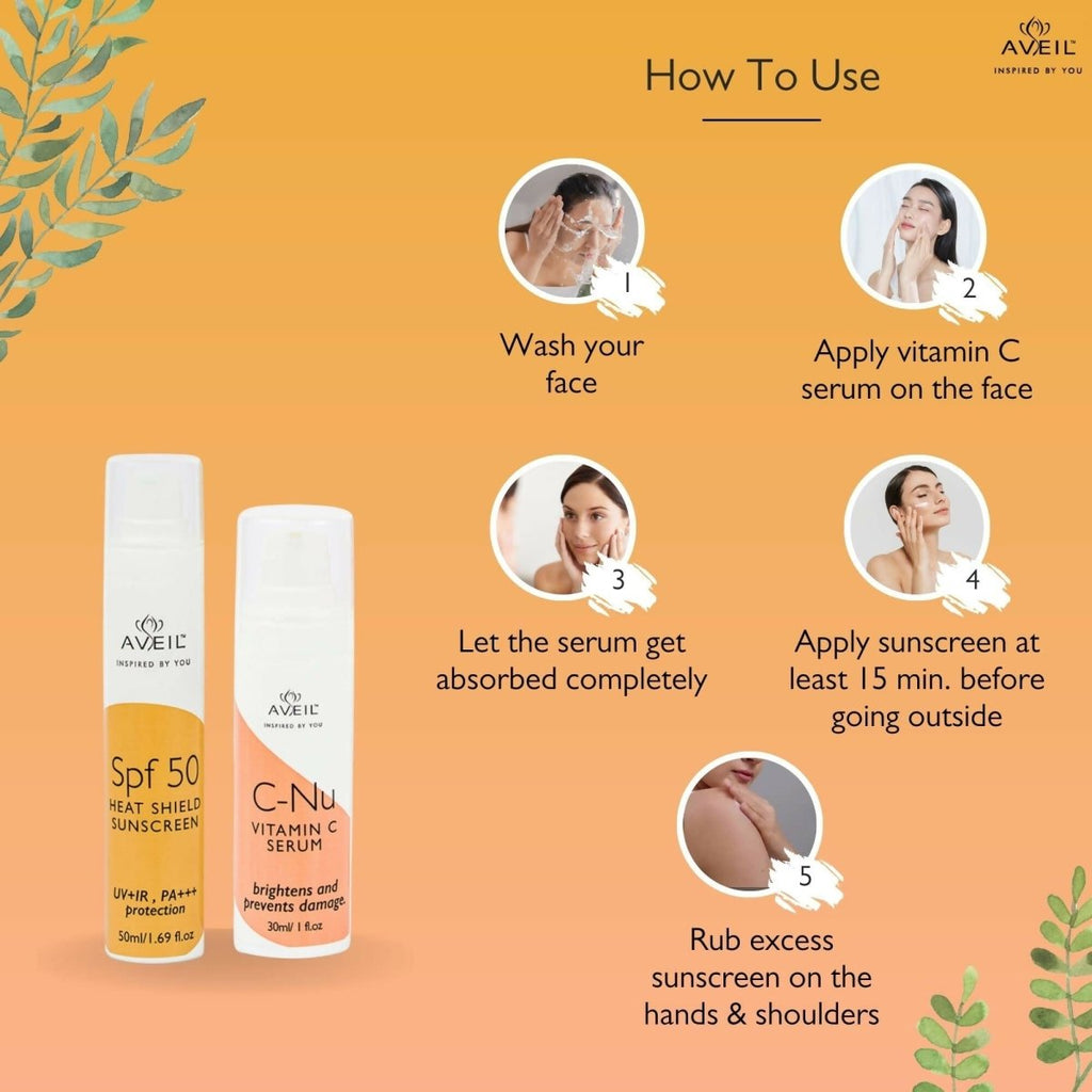 Aveil Heat Shield SPF 50 Gel Sunscreen & C-Nu Vitamin C Face Serum Combo | Grocsy