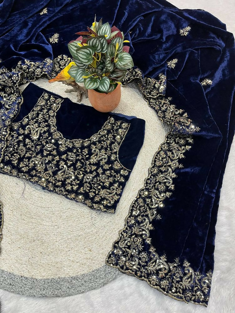 Joban Fashion Royal Blue 9000 Velvet Party Wear Sarees | Grocsy