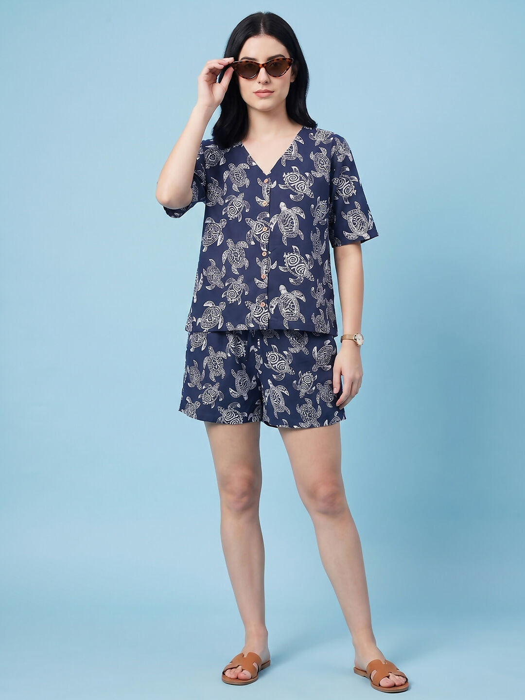 Breathables Woven Cotton Half Sleeves Turtle Shorts Set Blue | Grocsy