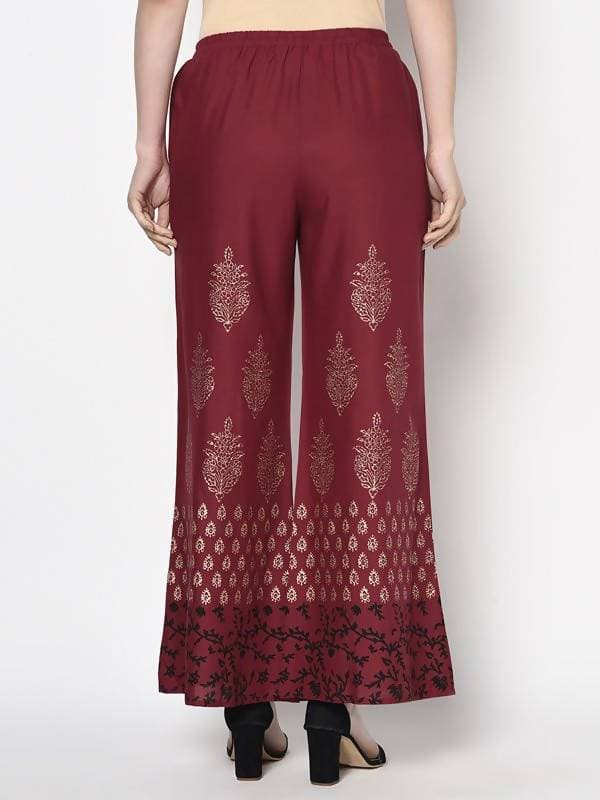 Aniyah Rayon Maroon Color Block Print Flared Slip-On Palazzo (AN-183K) | Grocsy