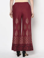 Aniyah Rayon Maroon Color Block Print Flared Slip-On Palazzo (AN-183K) | Grocsy