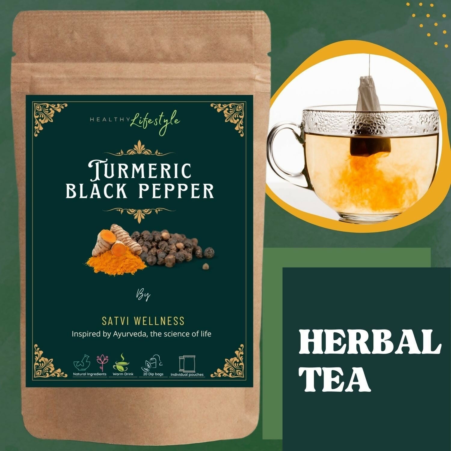 Satvi Wellness Turmeric Black Pepper Tea Bags | Herbal Tea | Grocsy