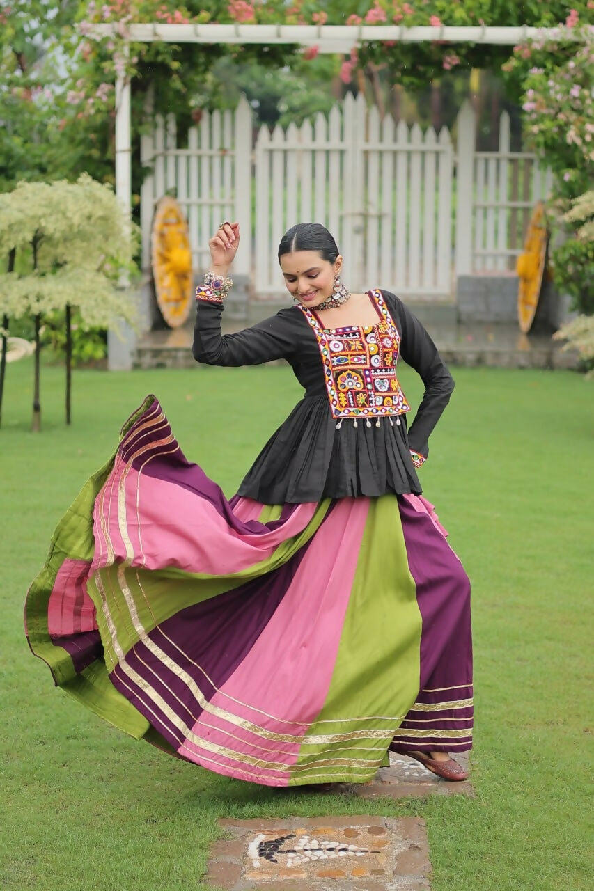 Teeya Creation Multi Colour Reyon Silk Gamathi Work Navratri lehenga Choli | Grocsy