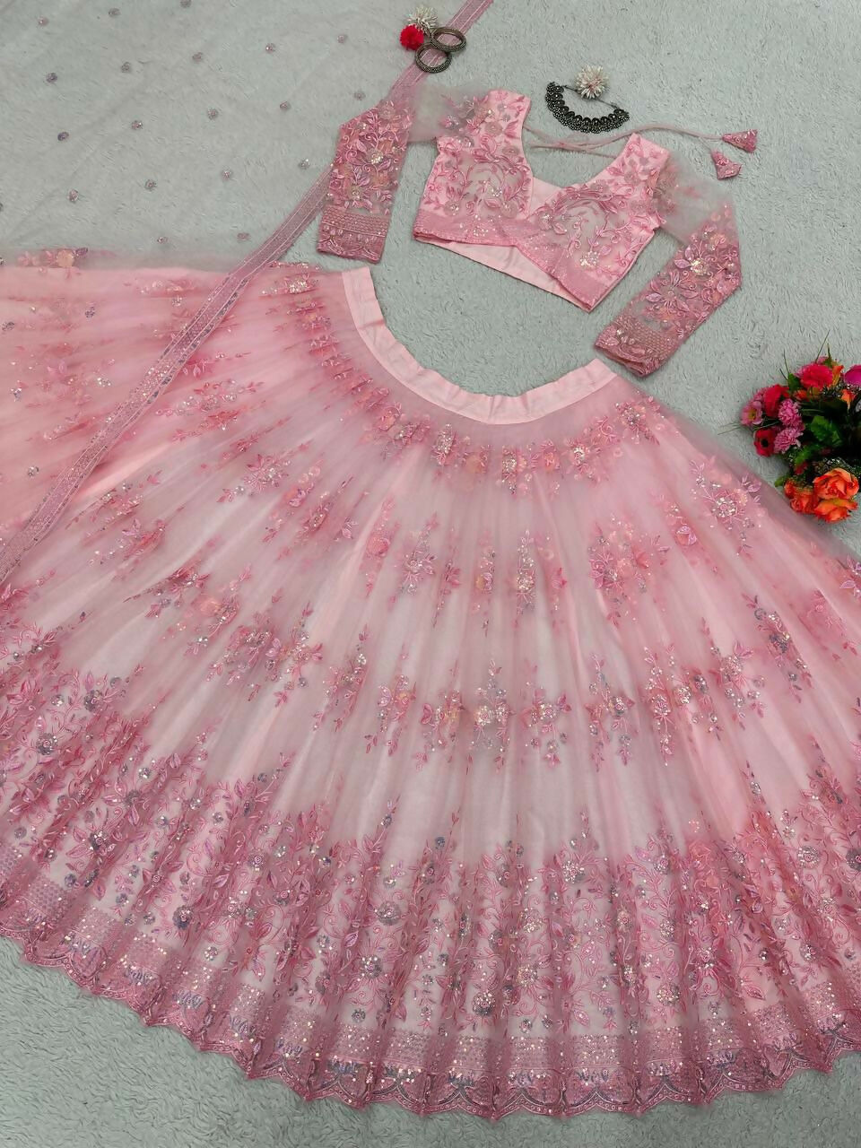 Jyoti Fashion Women's Baby Pink Soft Net Sequins with Thread Embroidered Designer Lehenga Choli Set | Grocsy
