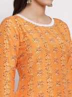 Myshka Women's Orange Cotton Printed 3/4 Sleeve Round Neck Casual Kurta Pant Dupatta Set | Grocsy