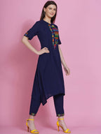 Women Republic Navy Blue Cotton Embroidered Kurta With Pants | Grocsy
