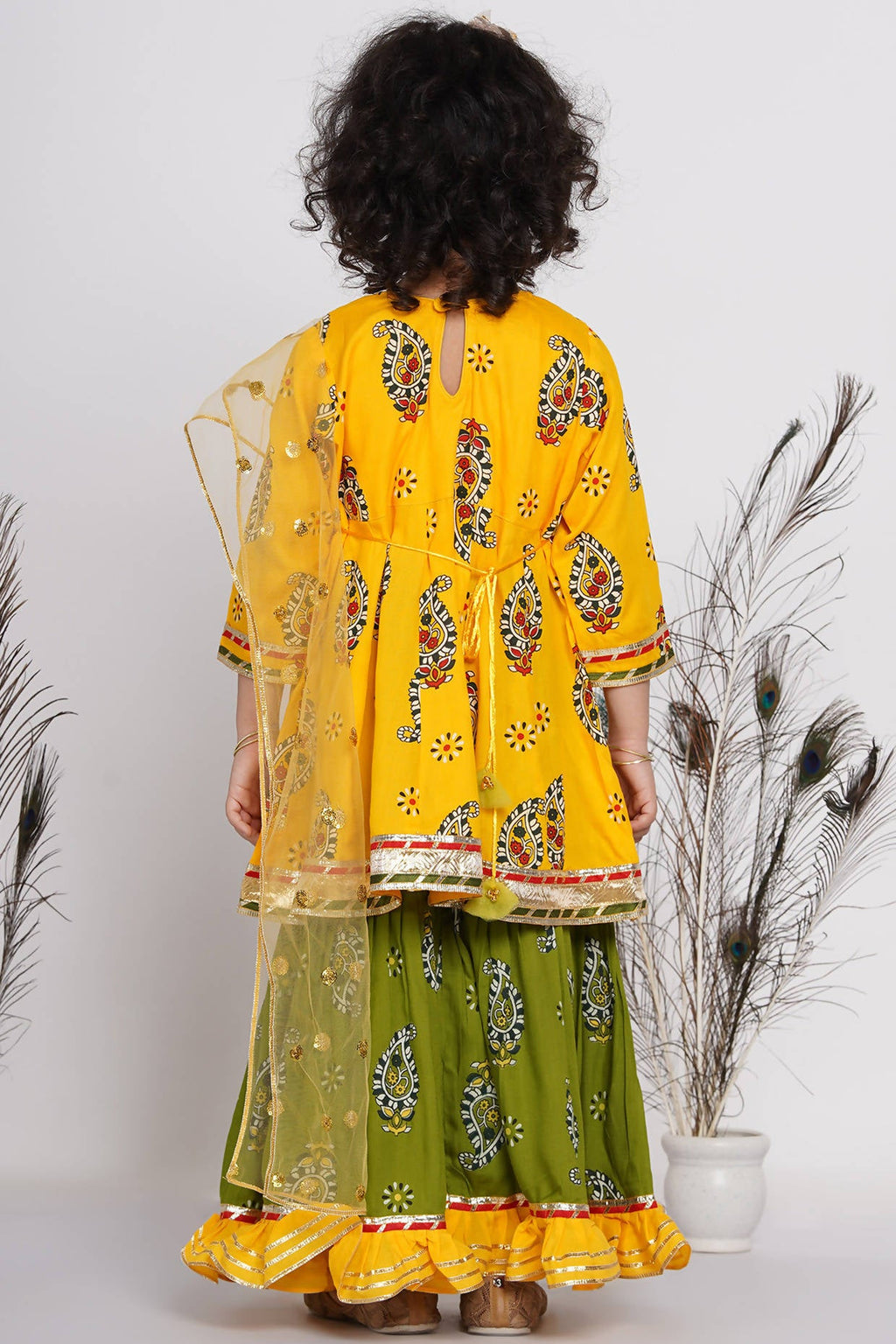 Little Bansi Girls Cotton Floral Kurta with Frill Sharara & Dupatta - Yellow & Green | Grocsy