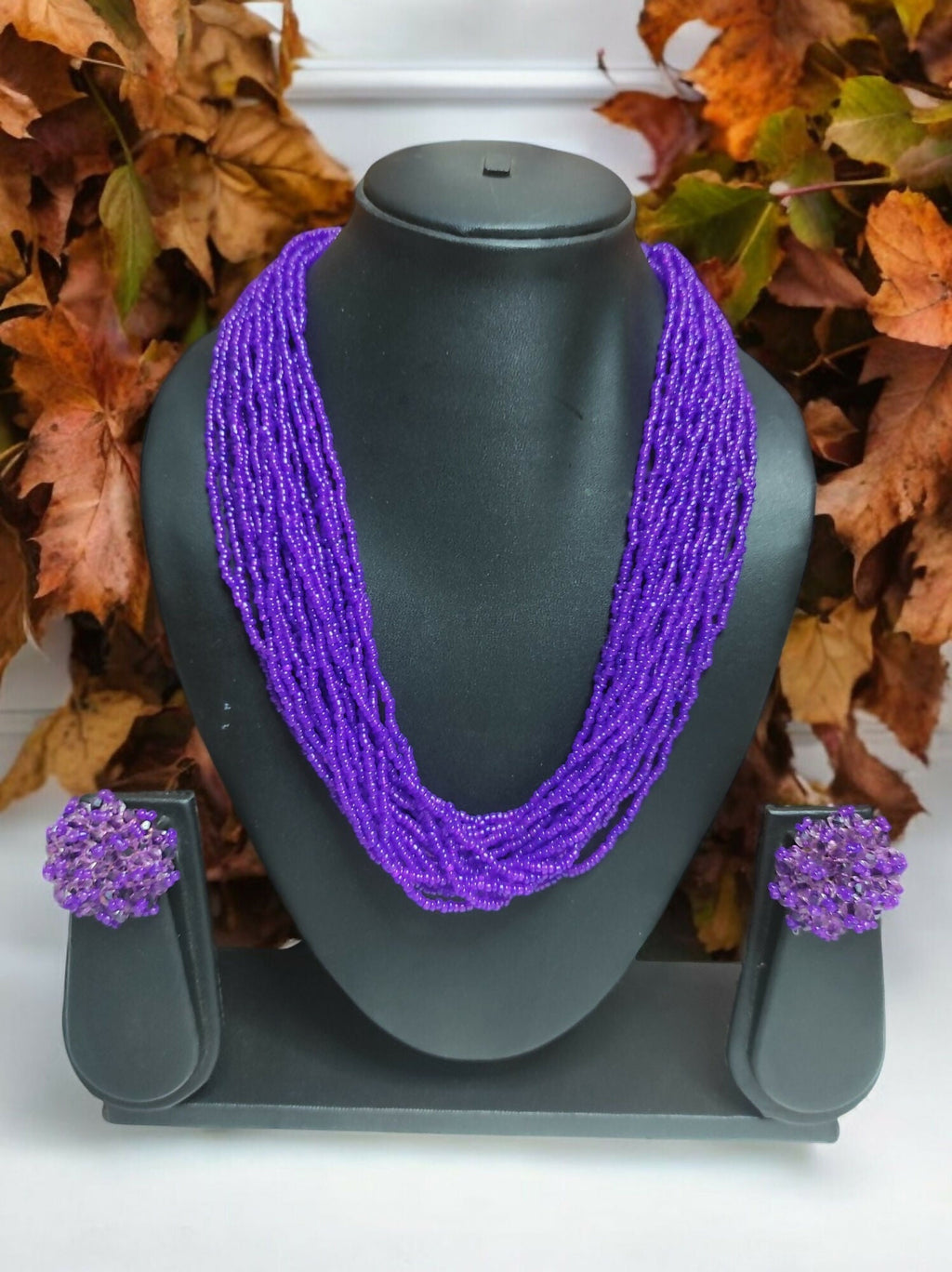 Inhanns Vibrant Handmade 20 Layers Beaded Necklace With Matching Earrings - Purple | Grocsy