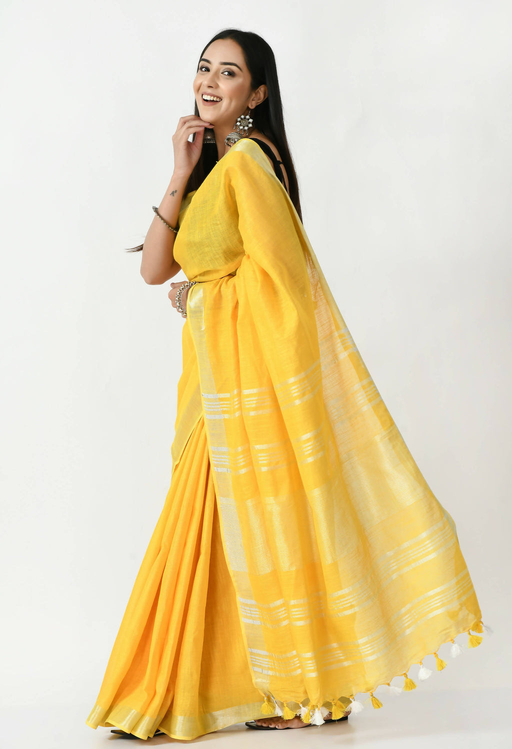 Mominos Fashion Moeza Yellow Bhagalpuri Handloom Silk Linen Saree with unstitched Blouse piece | Grocsy