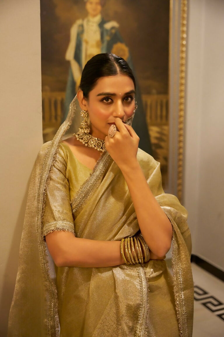 Vastranavya Gold Tissue Shimmer Zari Weaving Work Saree with Unstitched Blouse Gold | Grocsy