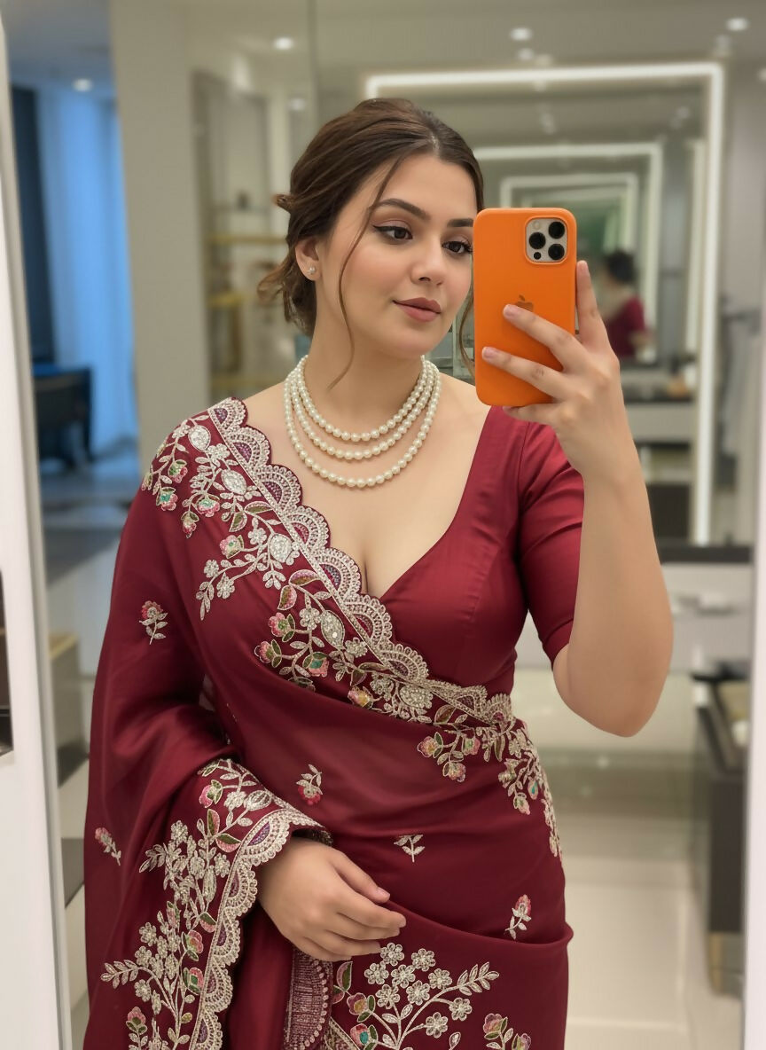Teeya Creation New Trendy Party Wear Soft Silk Saree-Maroon | Grocsy