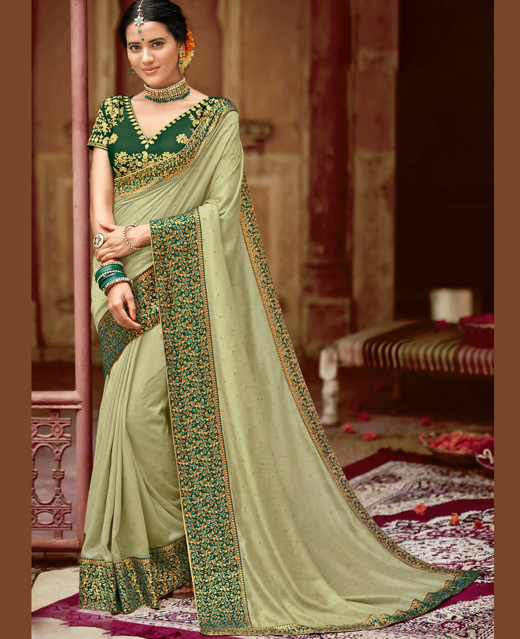 Green Vichitra Stone Work Saree With Unstitched Blouse Piece - Rosy | Grocsy