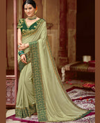 Green Vichitra Stone Work Saree With Unstitched Blouse Piece - Rosy | Grocsy