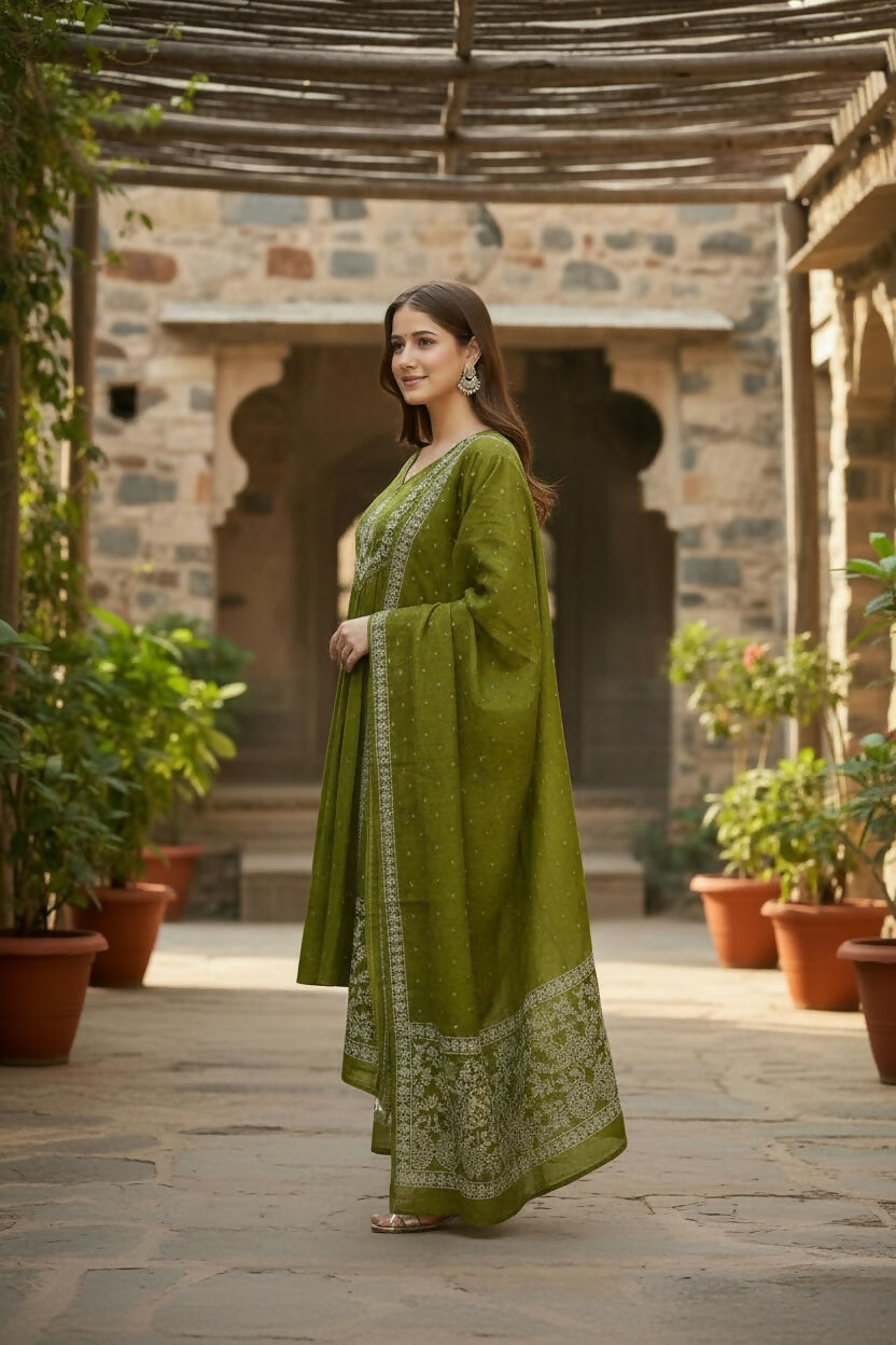 The52 Women's Beautiful Cotton Fabric Embroidery Work Flared Anarkali Pant and Dupatta Set | Grocsy