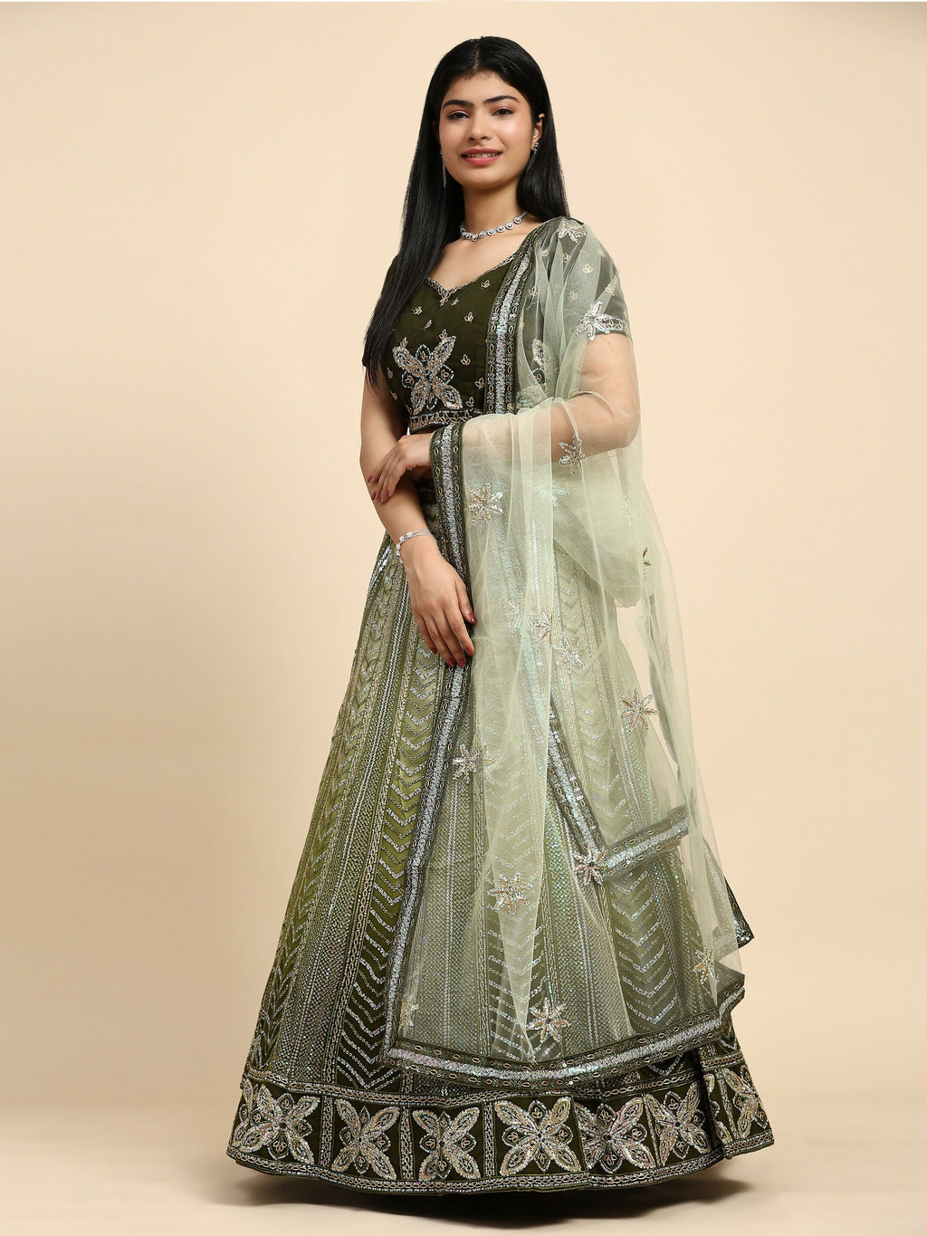 Green Fancy Net Sequence Embroidered Lehenga Choli with Dupatta - Dhara | Grocsy