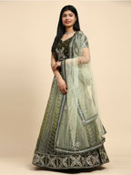Green Fancy Net Sequence Embroidered Lehenga Choli with Dupatta - Dhara | Grocsy