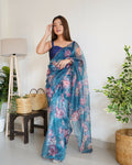 Vamsee Ramya Blue Organza Saree | Grocsy