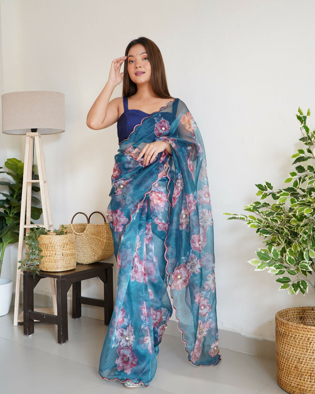 Vamsee Ramya Blue Organza Saree | Grocsy