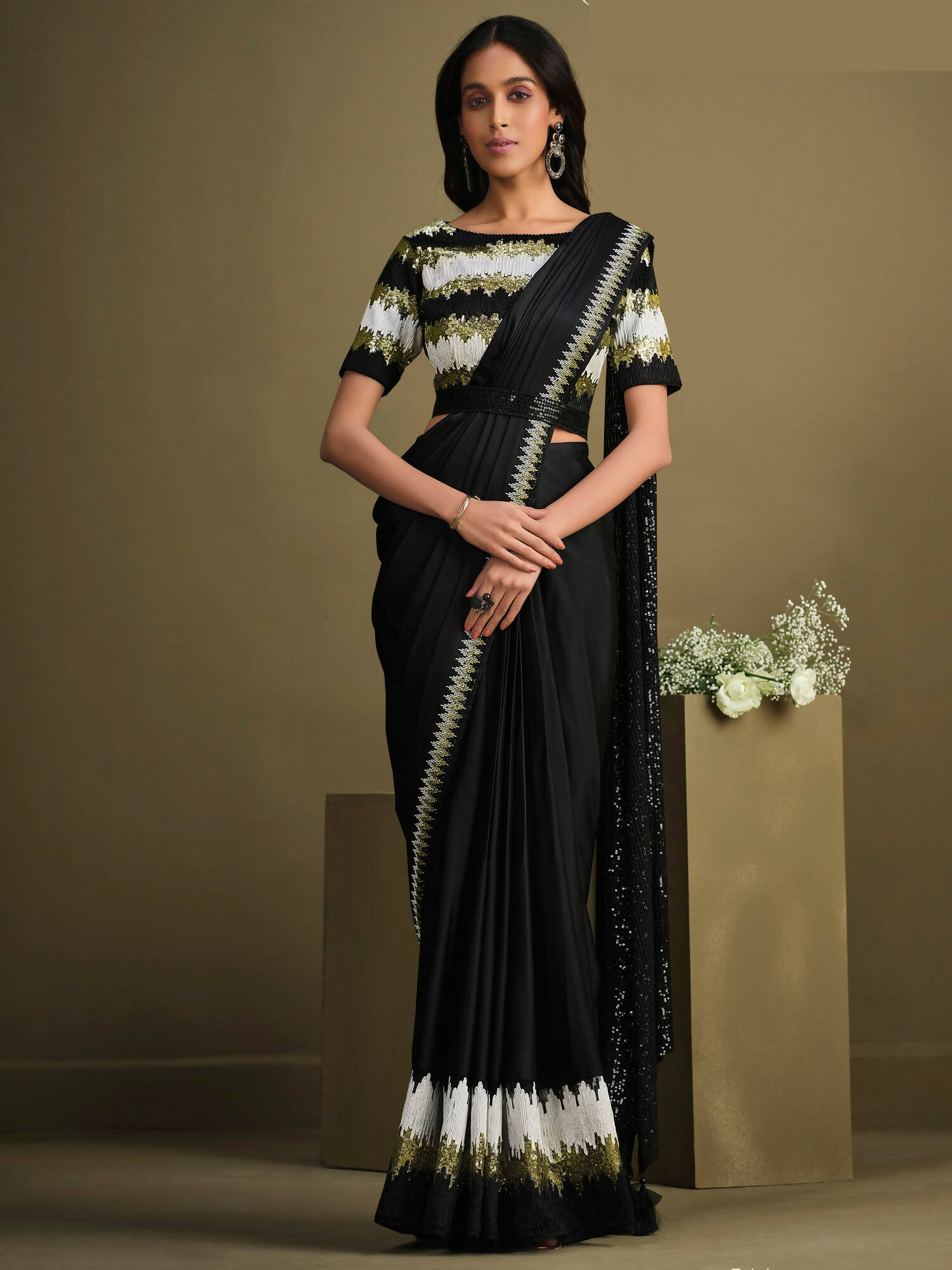 Black Crepe Silk Sequence Embroidered Saree With Stitched Blouse - Mohmanthan La Belle | Grocsy