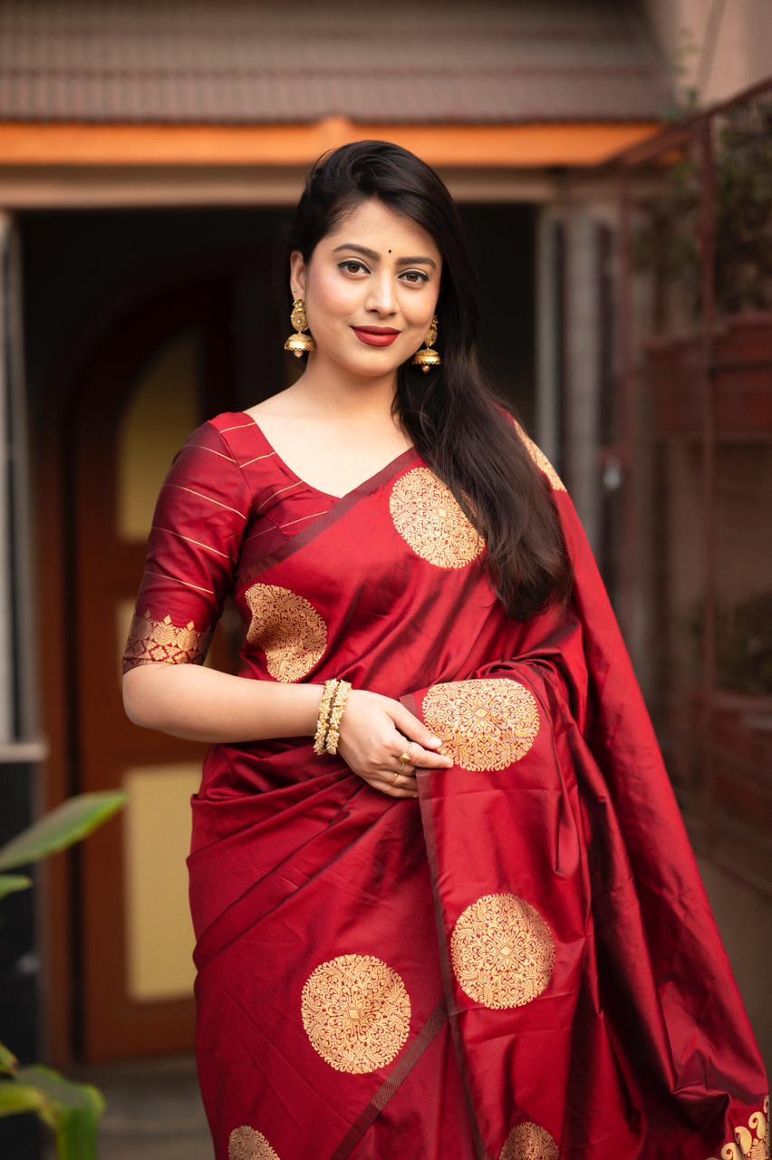 Maroon Silk Woven Saree with Unstitched Blouse - Hiral Fashion | Grocsy