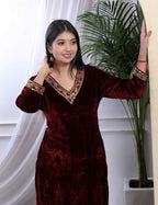 Miravan Women's Maroon Velvet Sequence Work Straight Kurta With Palazzo | Grocsy
