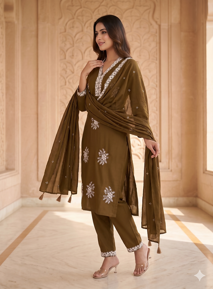 Teeya Creation Vibrant Gold Embroidered Kurti with Pant and Dupatta Set | Grocsy
