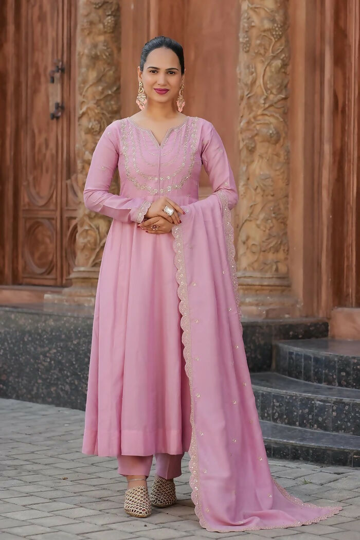 The52 Pink Women's Gorgeous Vichitra Silk Fabric Embroidered Work Flared Anarkali Pant and Dupatta Set | Grocsy
