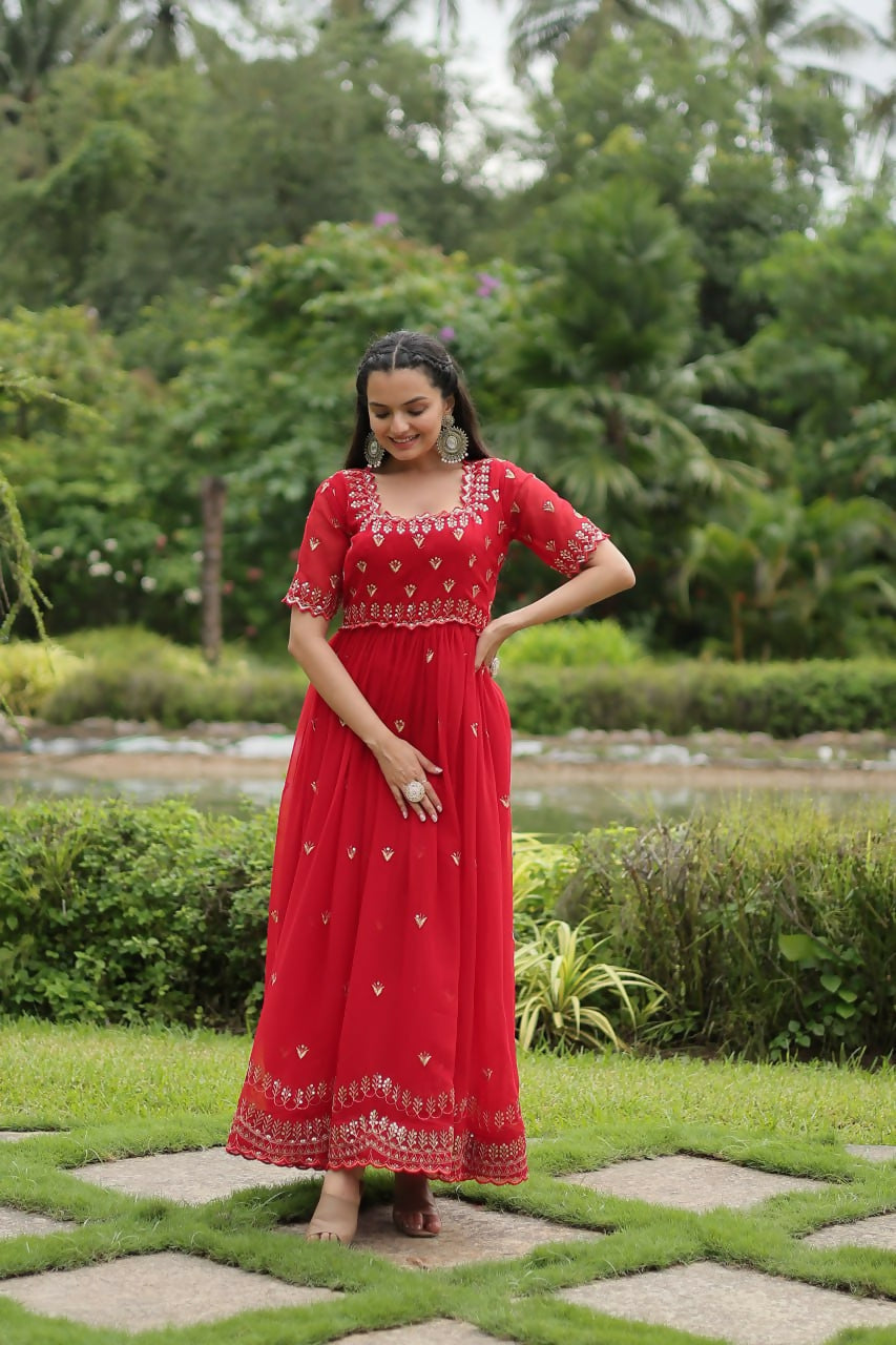 Vastranavya Premium Designer Faux Blooming with Embroidery Zari Sequins work Gown - Red | Grocsy