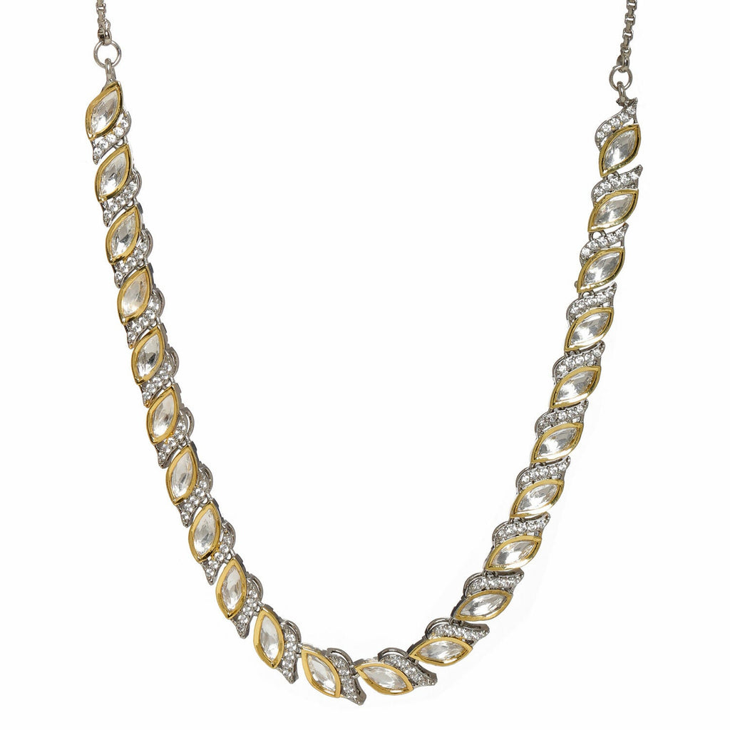 Leaf Shaped Neckpiece in Dual Tone Kundan and American Diamonds (Silver) - Ruby Raang | Grocsy