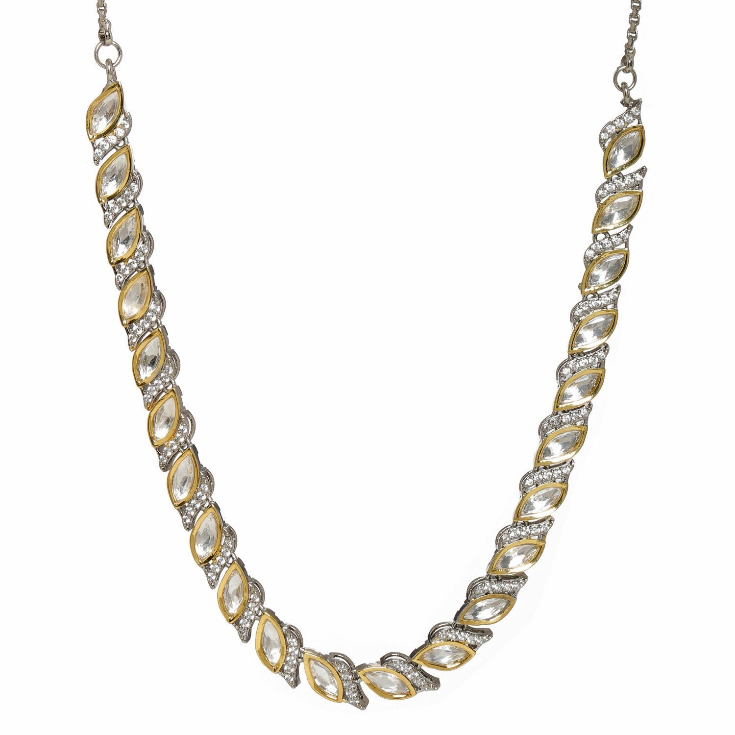 Leaf Shaped Neckpiece in Dual Tone Kundan and American Diamonds (Silver) - Ruby Raang | Grocsy