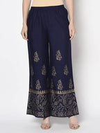 Aniyah Rayon Navy Blue Color Block Print Flared Slip-On Palazzo (AN-211K) | Grocsy
