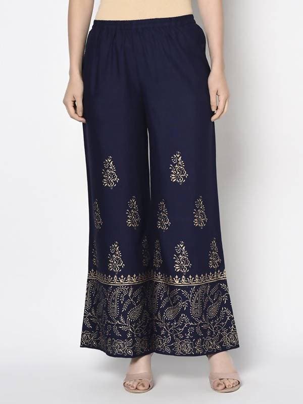 Aniyah Rayon Navy Blue Color Block Print Flared Slip-On Palazzo (AN-211K) | Grocsy