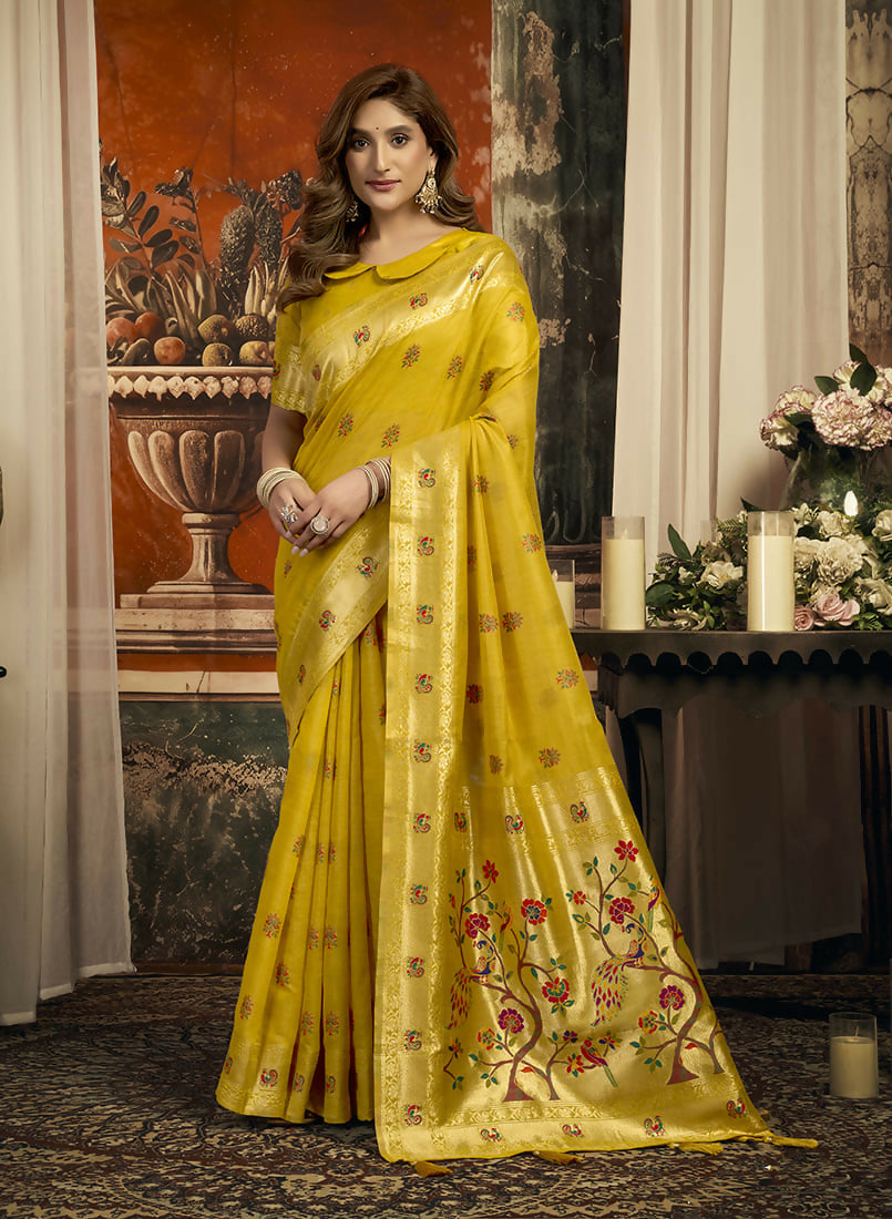 Monjolika Fashion Mustard Kota Silk Blend Paithani Saree with Meenakari Floral Bootis | Grocsy