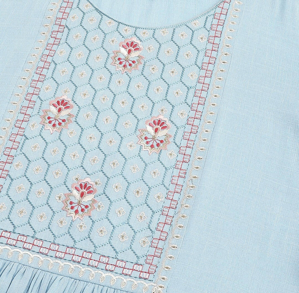Light Blue Rayon Yoke Embroidered A-line Top - Tarini | Grocsy