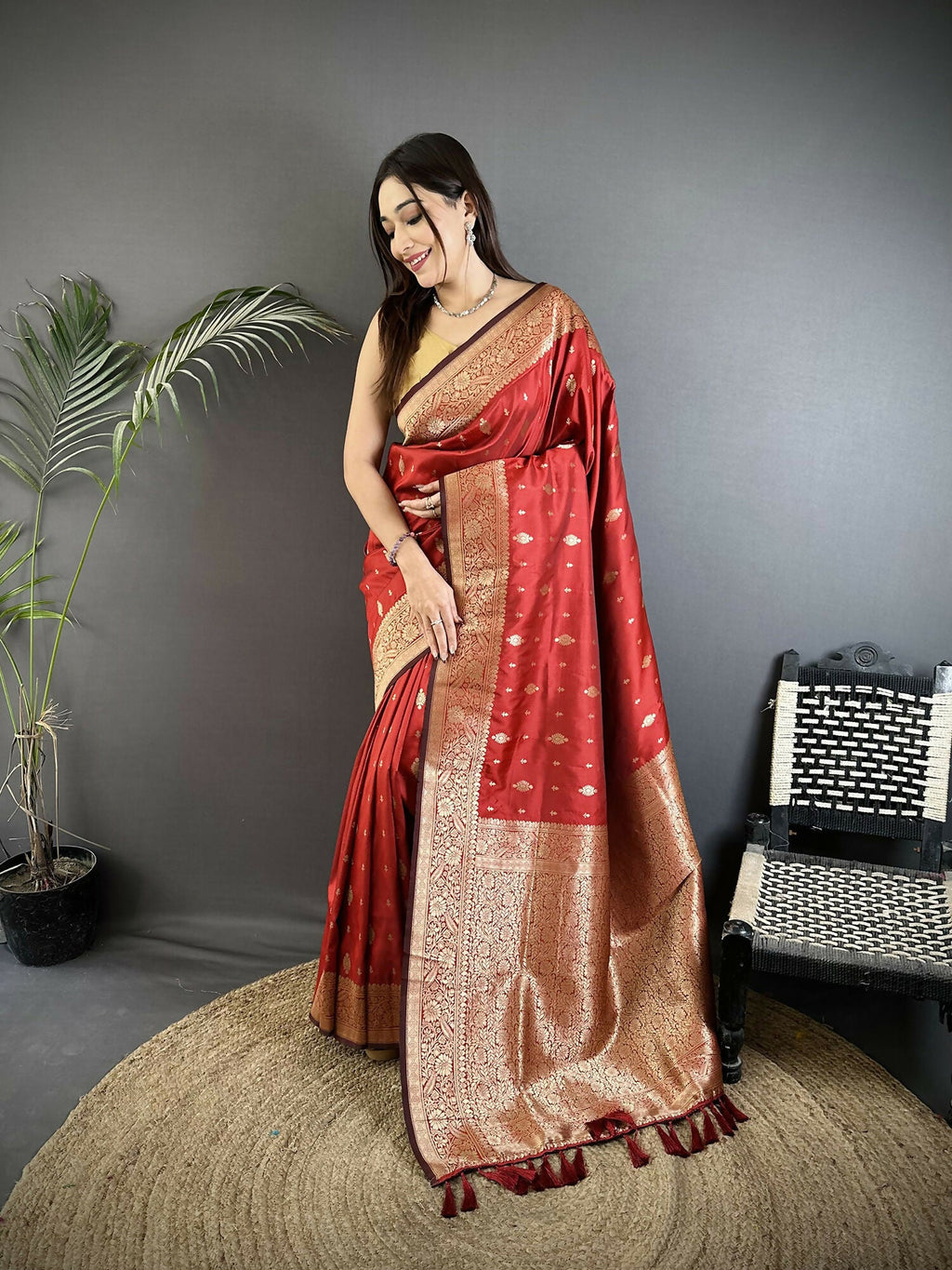 Joban Fashion Red Zari Weaving Motif Lichi Silk Banarasi Silk Saree | Grocsy