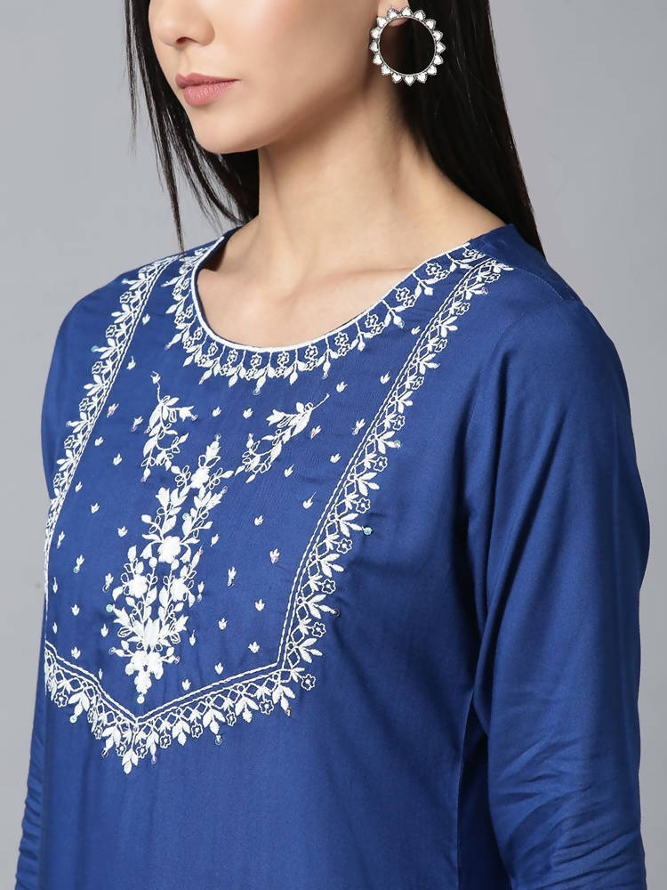 Yufta Women Blue & White Yoke Design Kurta with Palazzo & Dupatta | Grocsy