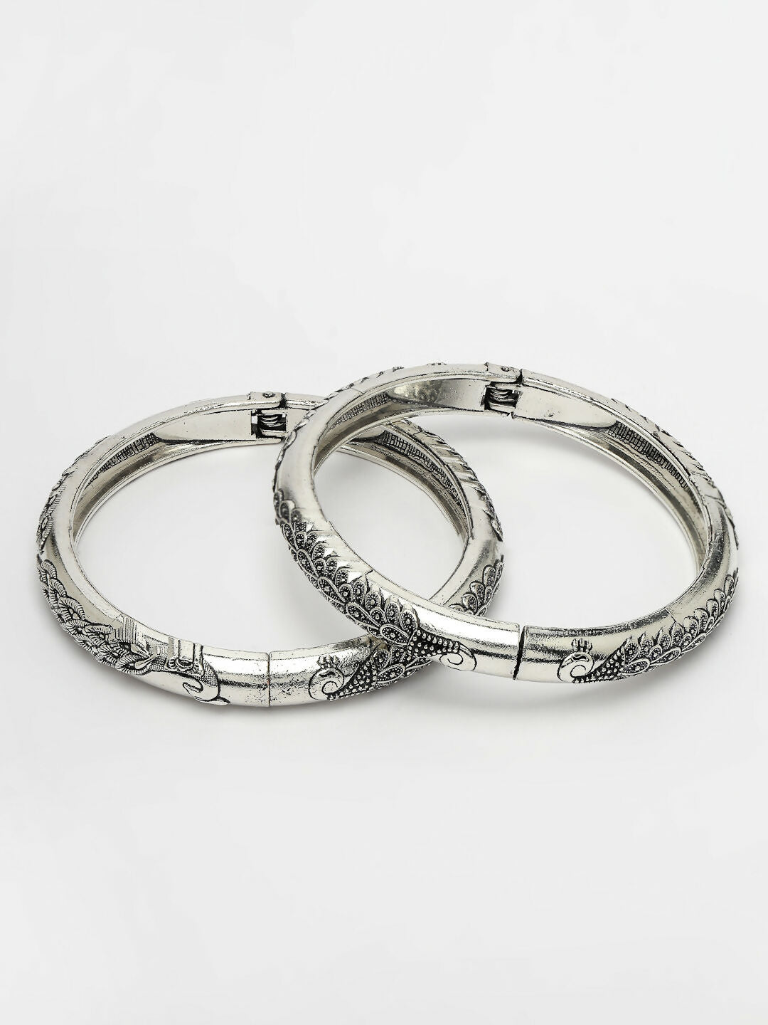 NVR Women's Silver-Toned German Silver Peacock Design Oxidised Kada Bangle