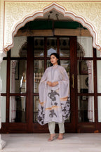 Vaasva Women Grey Tabby Slik Print & Embroidered Kurta, Pant & Dupatta Straight | Grocsy