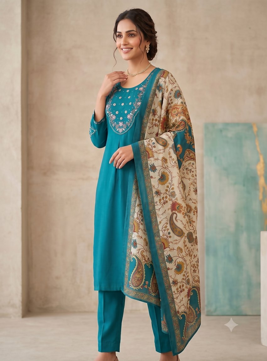 Teeya Creation Women Rama Green Embroidered Kurta Pant Set With Dupatta | Grocsy