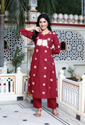 Miravan Women's Red Bandhani Printed Moti And Chikan Embroidered & Lace Work A Line Palazzo Set | Grocsy